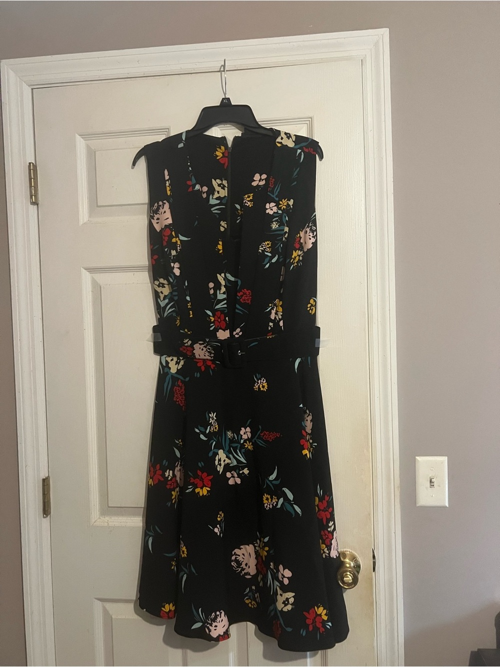 Floral Belted Black A-Line Dress